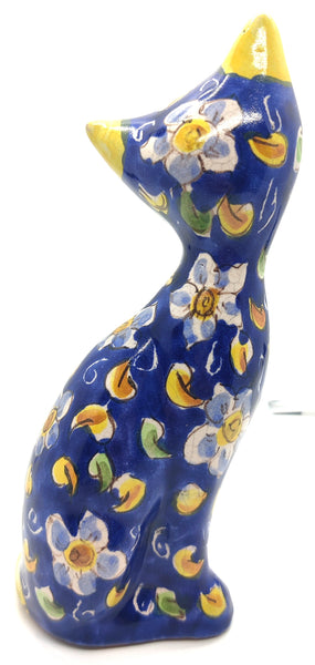 Vintage 8" Handmade & Signed Sicilian Blue & Yellow Floral Ceramic Cat Figurine Statue