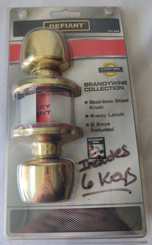 Replacement DEFIANT Gold Keyed Brass Door Knob