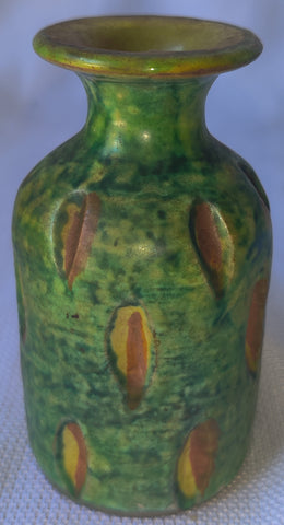 Italian MCM Art Studio Sculpted & Carved Colorful Green 4" Pottery Vase