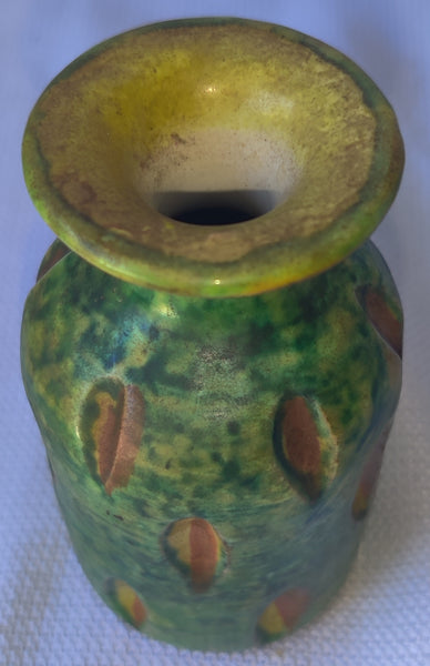 Italian MCM Art Studio Sculpted & Carved Colorful Green 4" Pottery Vase