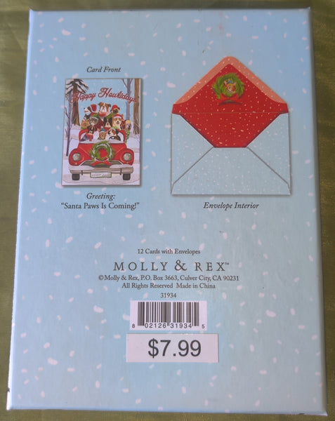 Brand New MOLLY & REX "Santa Paws is Coming" 12 Count Holiday Dog Greeting Cards