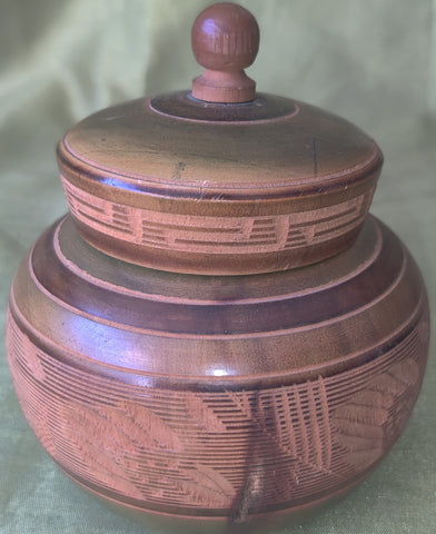 Mexican Turned Wood Carved Brown Jar w/ Lid