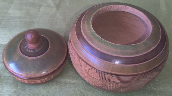 Mexican Turned Wood Carved Brown Jar w/ Lid