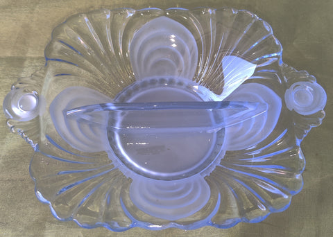 Clear & Blue Frosted Vintage Glass Two Section Square Condiment Tray