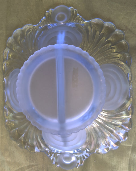 Clear & Blue Frosted Vintage Glass Two Section Square Condiment Tray