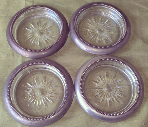 Set of 4 Vintage LEONARD Silverplated Crystal Glass Drink Coasters