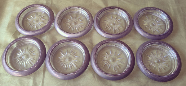 Set of 4 Vintage LEONARD Silverplated Crystal Glass Drink Coasters