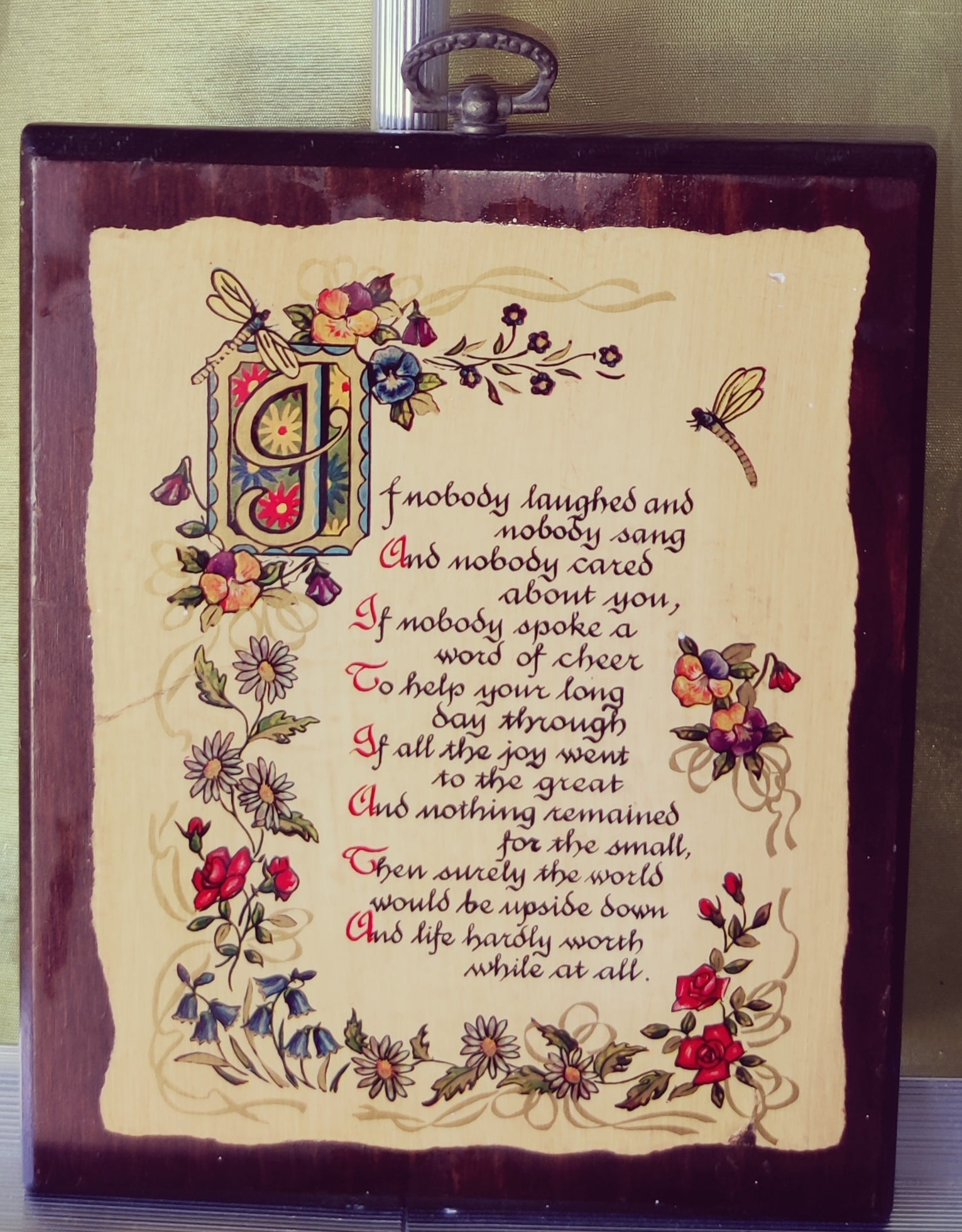 Vintage "If Nobody Laughed" Floral Wood Poem Plaque by Cape Craftsmen
