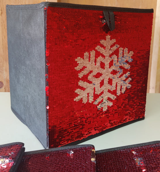 Brand New Red & Silver Snowflake 10.5 x 10.5 Christmas Holiday Sequin Collapsible Storage Bins