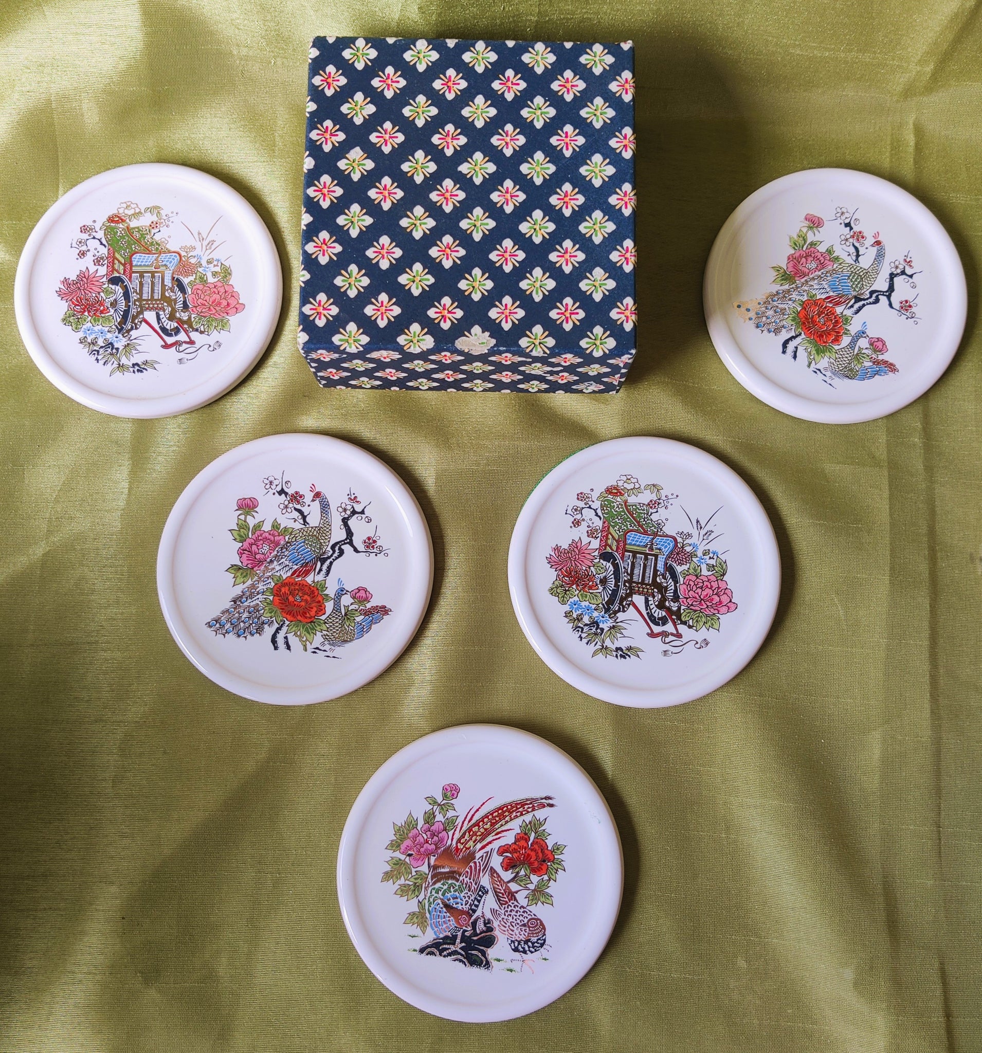 Set of 5 Porcelain Chinese Bird Coasters in Box