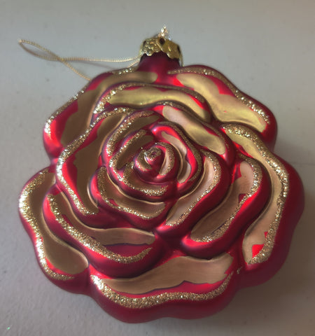 Vintage West Germany Hand Painted Red & Gold Rose Glass Christmas Ornament