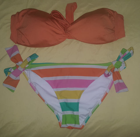 Women's H&M Size 12 Orange Top / Rainbow Striped Bottom Bikini Bathing Suit