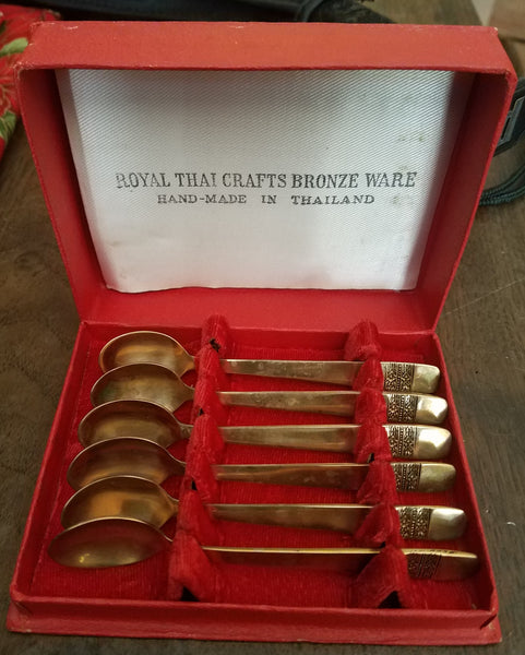 Vintage Royal Thai Crafts Bronze Ware Box Set of 6 Spoons