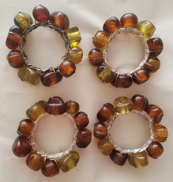 Lot of 4 Brown/Tan Clear Beaded Harvest / Holiday Napkin Ring Holders