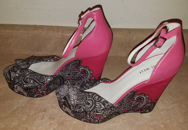 Women's Size 9.5 Pink & Black NINE WEST Wedge High Heel Shoes