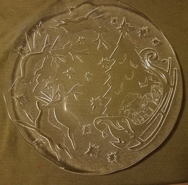 Holiday Christmas Tree, Reindeer, Sleigh Glass Plate Platter