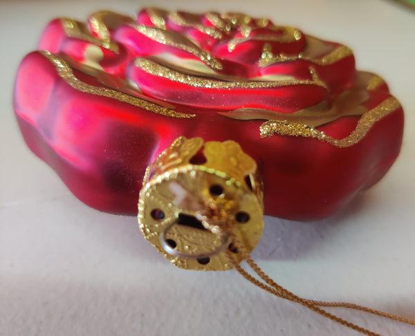 Vintage Christopher Radko Hand Painted Red & Gold Rose Christmas Ornament
