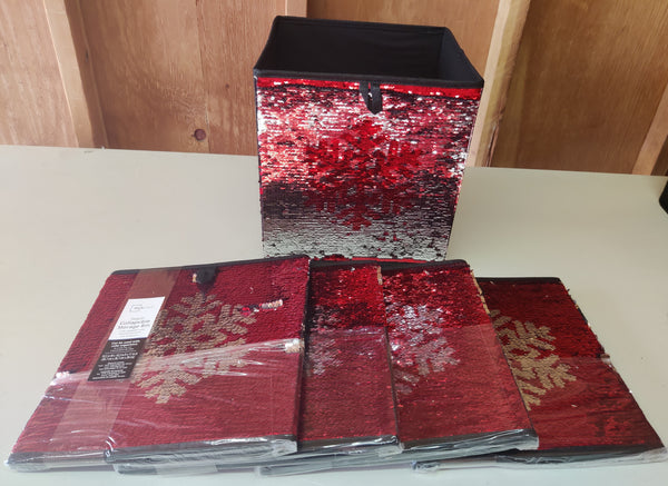 Brand New Red & Silver Snowflake 10.5 x 10.5 Christmas Holiday Sequin Collapsible Storage Bins