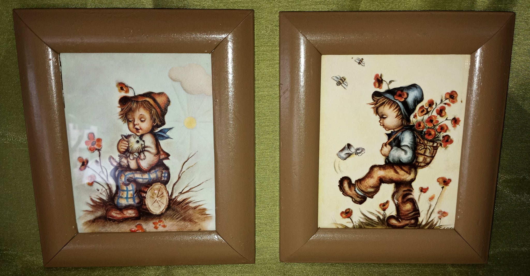 Set of 2 Vintage Country Boy Wooden Framed Picture Prints